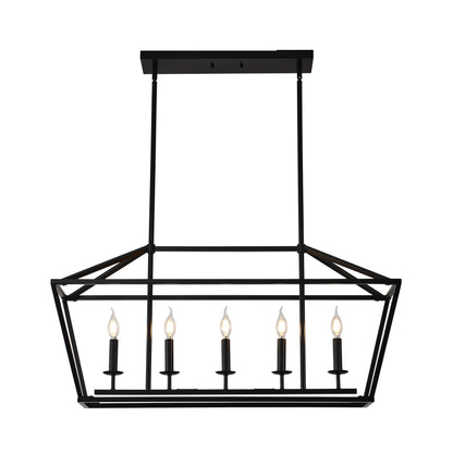 5 Light Farmhouse Kitchen Island Lighting, 5 Light Industrial Linear Chandelier For Dining Room Metal Hanging Pendant Light Fixture For Bedroom Living Room Hallway Conference Room - Matte Black