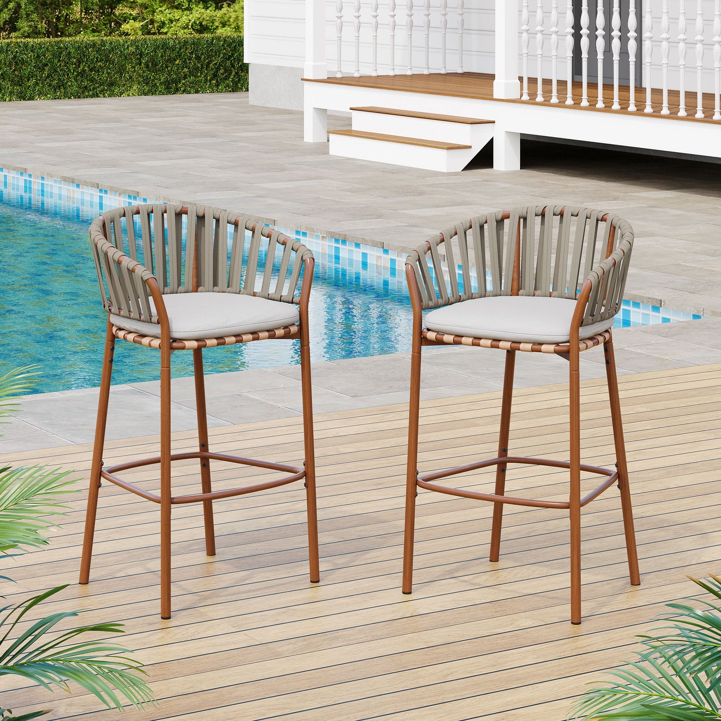 Lodi - Outdoor Matal Rope Barstool, Teak / Beige (Set of 2) - Teak / Beige
