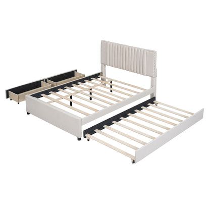 Upholstered Platform Bed With Drawers, Classic Headboard Design