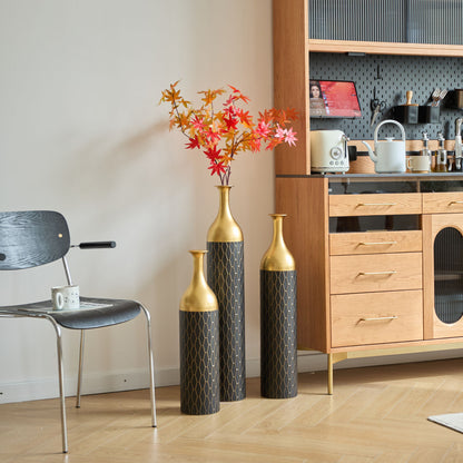 Elegant Floor Vase Set Metal Decorative Vases 3 Piece Set For Floral Display, Wedding & Gift Decor - Gold / Black