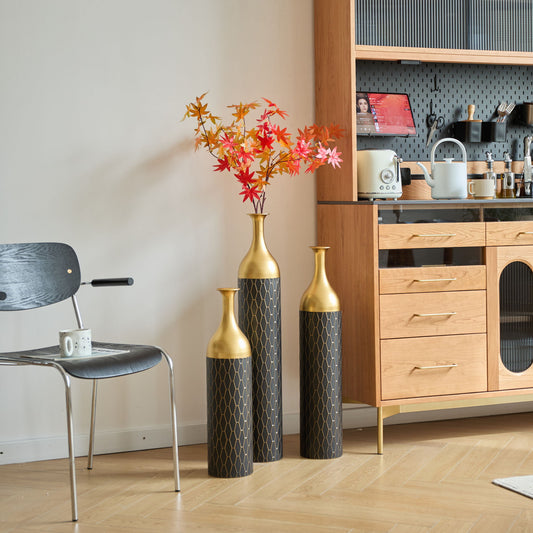 Elegant Floor Vase Set Metal Decorative Vases 3 Piece Set For Floral Display, Wedding & Gift Decor - Gold / Black