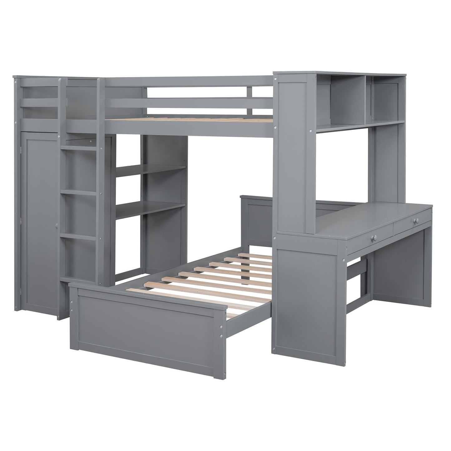 Loft Bed With A Twin Size Standalone Bed, Shelves, Desk, And Wardrobe