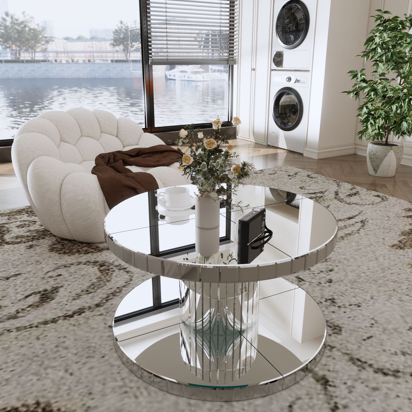Luxury Double Tier Round Mirror Coffee & End Table With Fluted Glass Modern Sofa Side Table - Silver / Glass