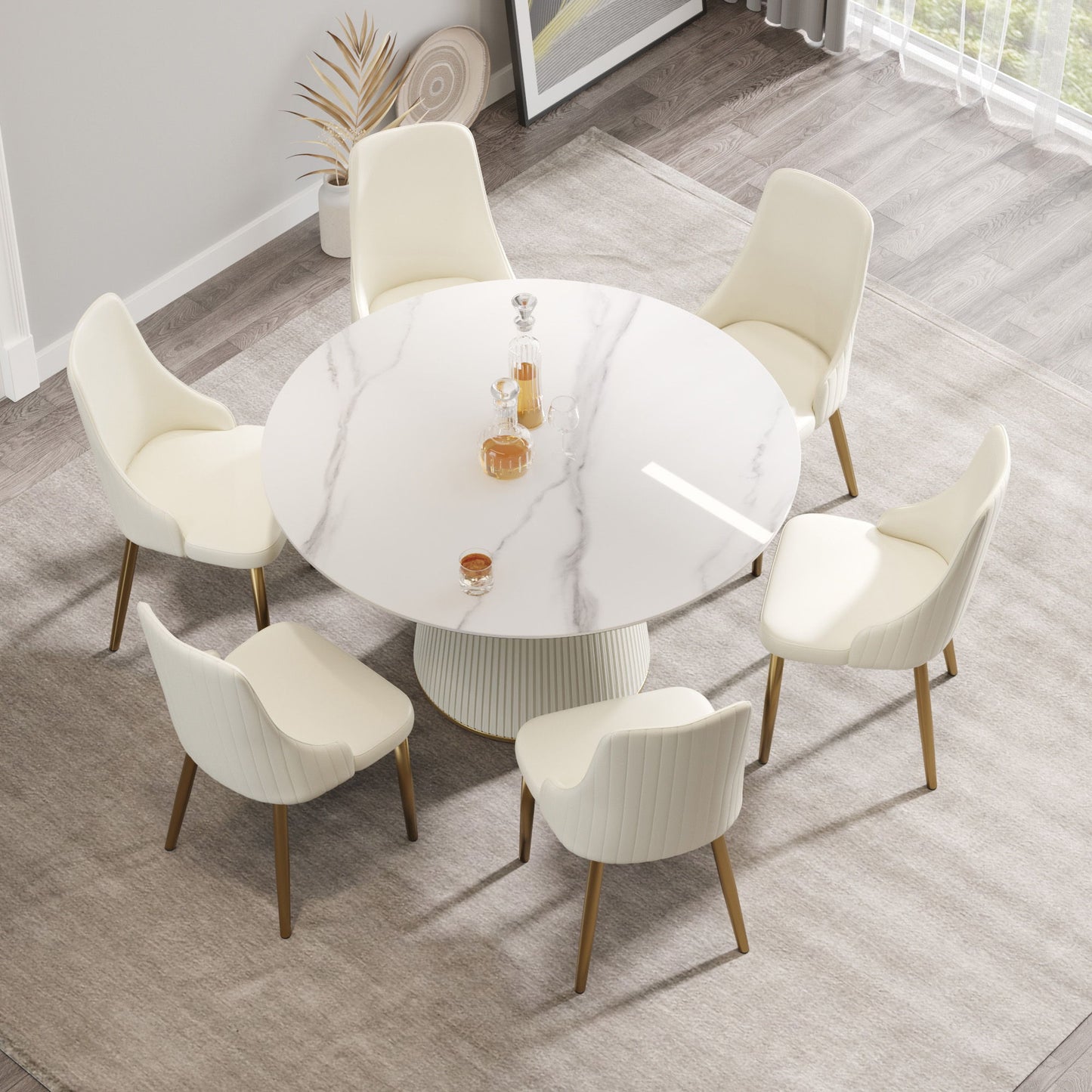 Modern Artificial Stone Round Plywood Base Dining Table, Can Accommodate 6 People, (Not Including Chairs) - White / Beige
