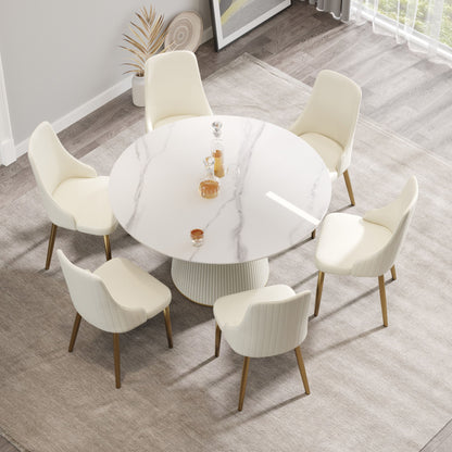 Modern Artificial Stone Round Plywood Base Dining Table, Can Accommodate 6 People, (Not Including Chairs) - White / Beige