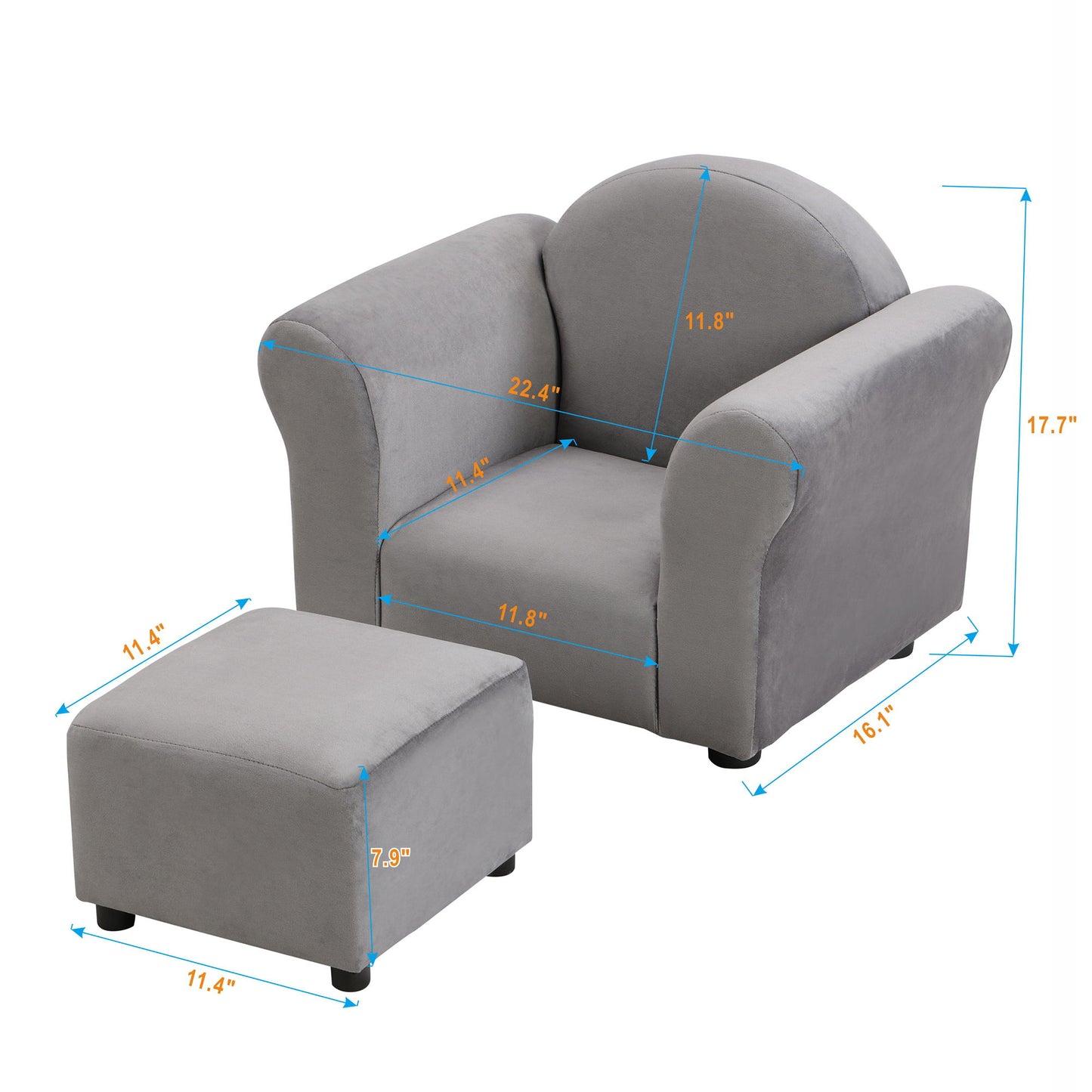 Kids Velvet Upholstered Chair With Ottoman For Comfortable Seating - Gray
