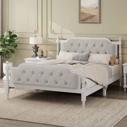 Traditional Style Solid Bed Frame With Upholstered Tufted Headboard, No Box Spring Needed