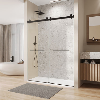Frameless Double Sliding Soft Close Bathtub Shower Door, 5 / 16" Clear Nano Coated Tempered Glass And 304 Stainless Steel Handle - Matte Black