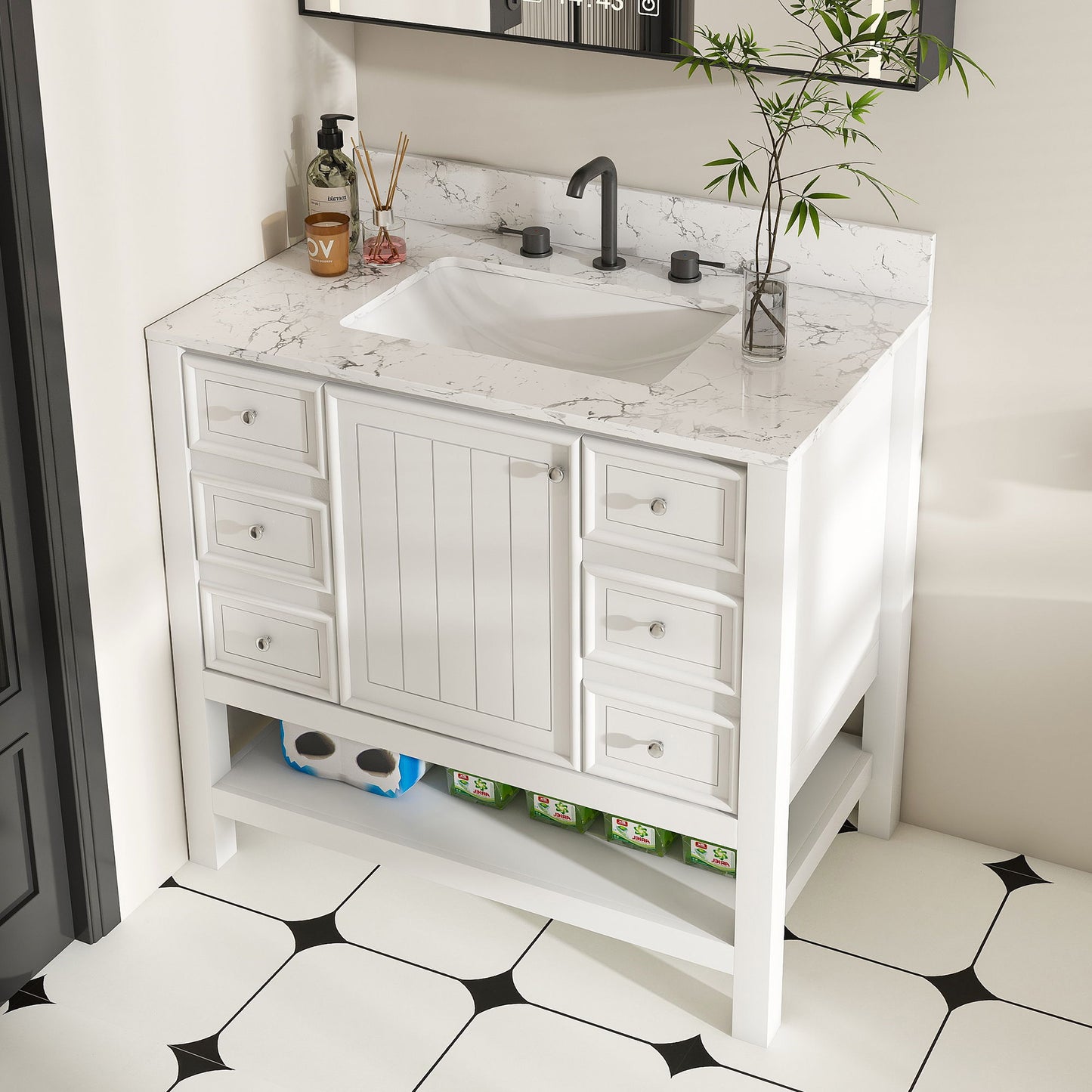 37" Bathroom Vanity With Artificial Marble Carrara Top, Multi Functional Cabinet With Doors And Drawer - White
