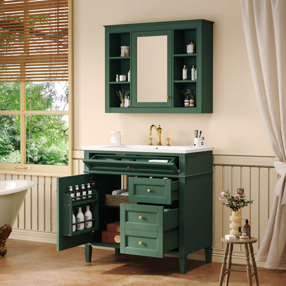 Bathroom Vanity With Top Sink, Storage Cabinet With Mirror, 2 Doors, 3 Drawers, 6 Open Shelves