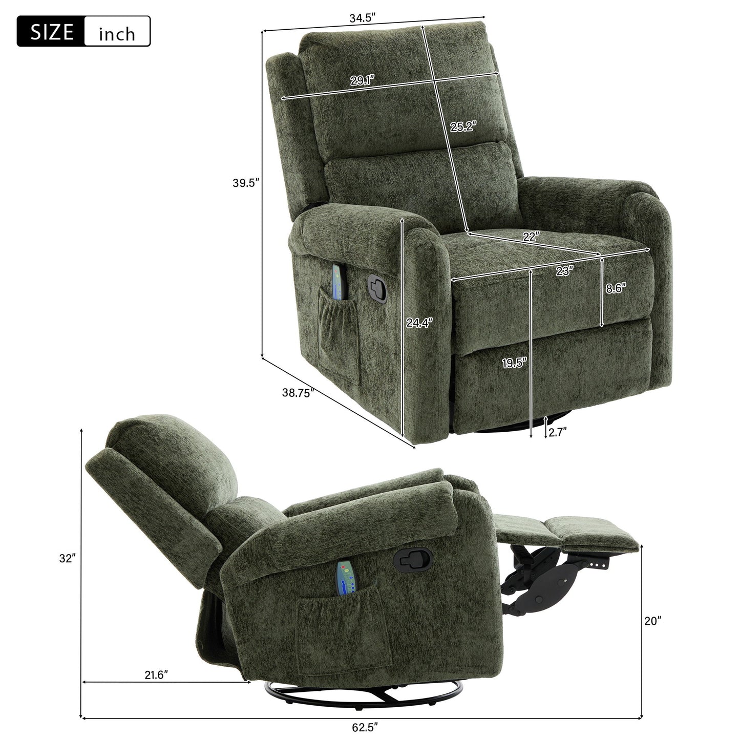 Manual Recliner Massage Chair With Swivel Rocker, 8 Massage Modes, Side Storage Pocket