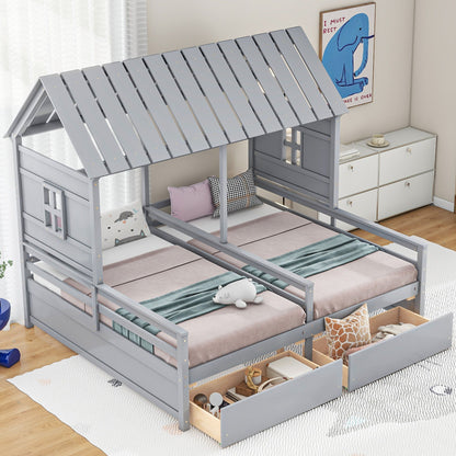 House Platform Beds With 2 Drawers, Side By Side Design