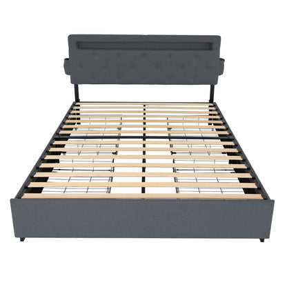 Bed With USB Charging Station, LED Lights, Headboard & Storage Drawers