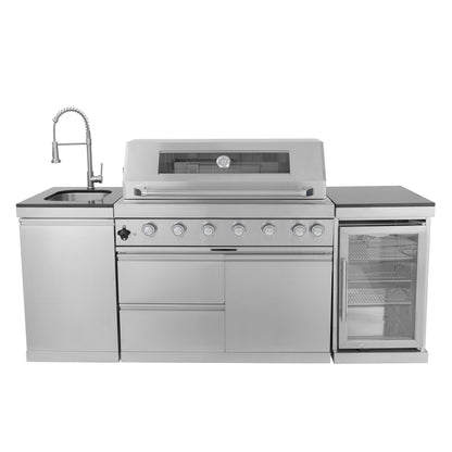 6 Burner 85, 000 Btu Deluxe Gas Outdoor Kitchen Island Grill With Wine Cooler Refrigerator, Rotisserie, Storage Cabinets & Drawers - Silver