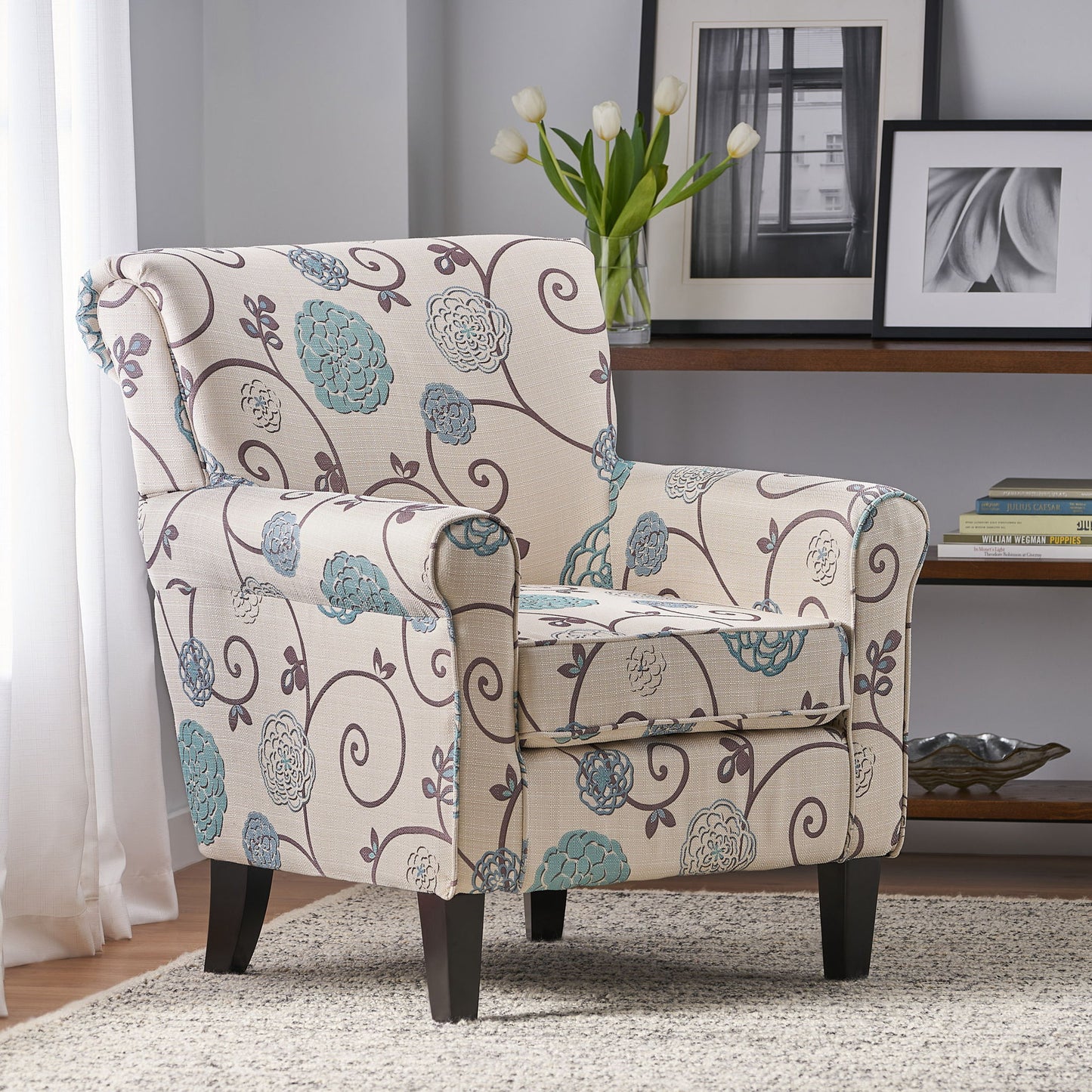 Upholstered Chair With Floral Pattern Design And Solid Wood Legs - Multi Color