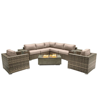 Rattan Wicker Patio Set With Cushions And Concrete Fire Pit