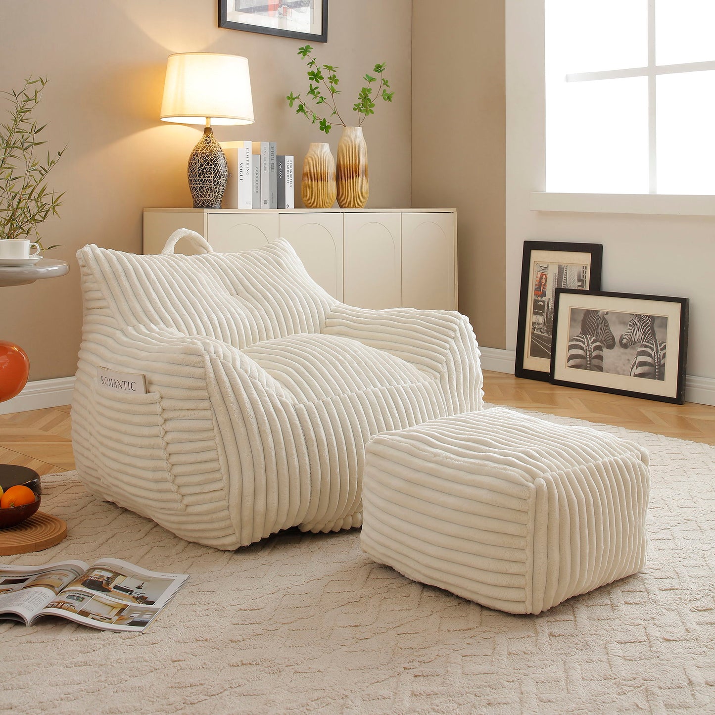 Giant Plush Bean Bag Chair With Armrests And Footstool