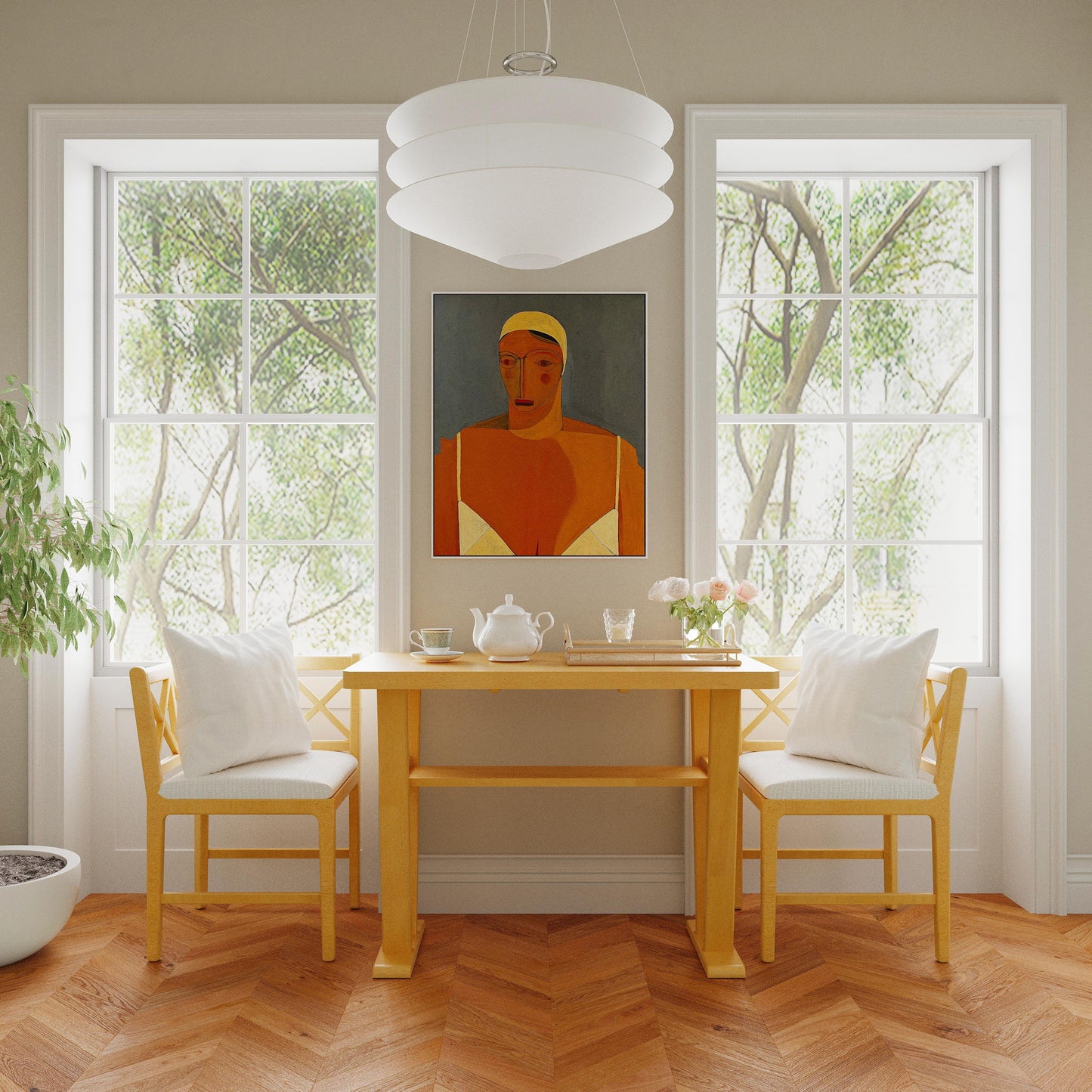 Farmhouse Modern Dining Corner Chairs (Set of 2) With Handwoven Rattan Backrests And Solid Wood Legs - Natural / White