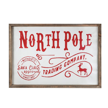 Iron / Wood North Pole Trading Company Wall Sign, For Christmas Holiday Table Wall Decor - White / Red