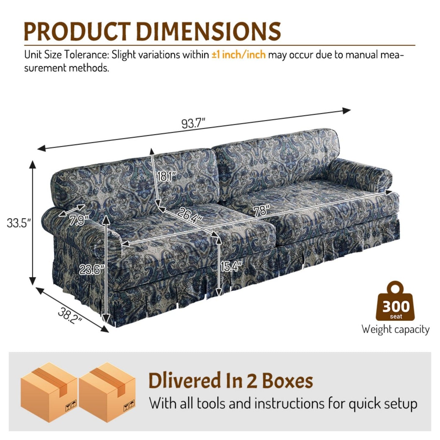 Luxuriously Comfortable Cloud Couch Sofa With Elegant Rolled Arms & Pleated Skirt Design