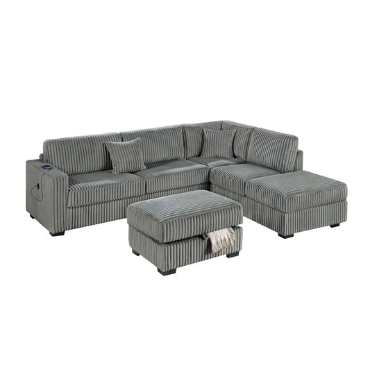 3 Piece Sectional Sofa With Reversible Chaise And USB Storage Ottoman