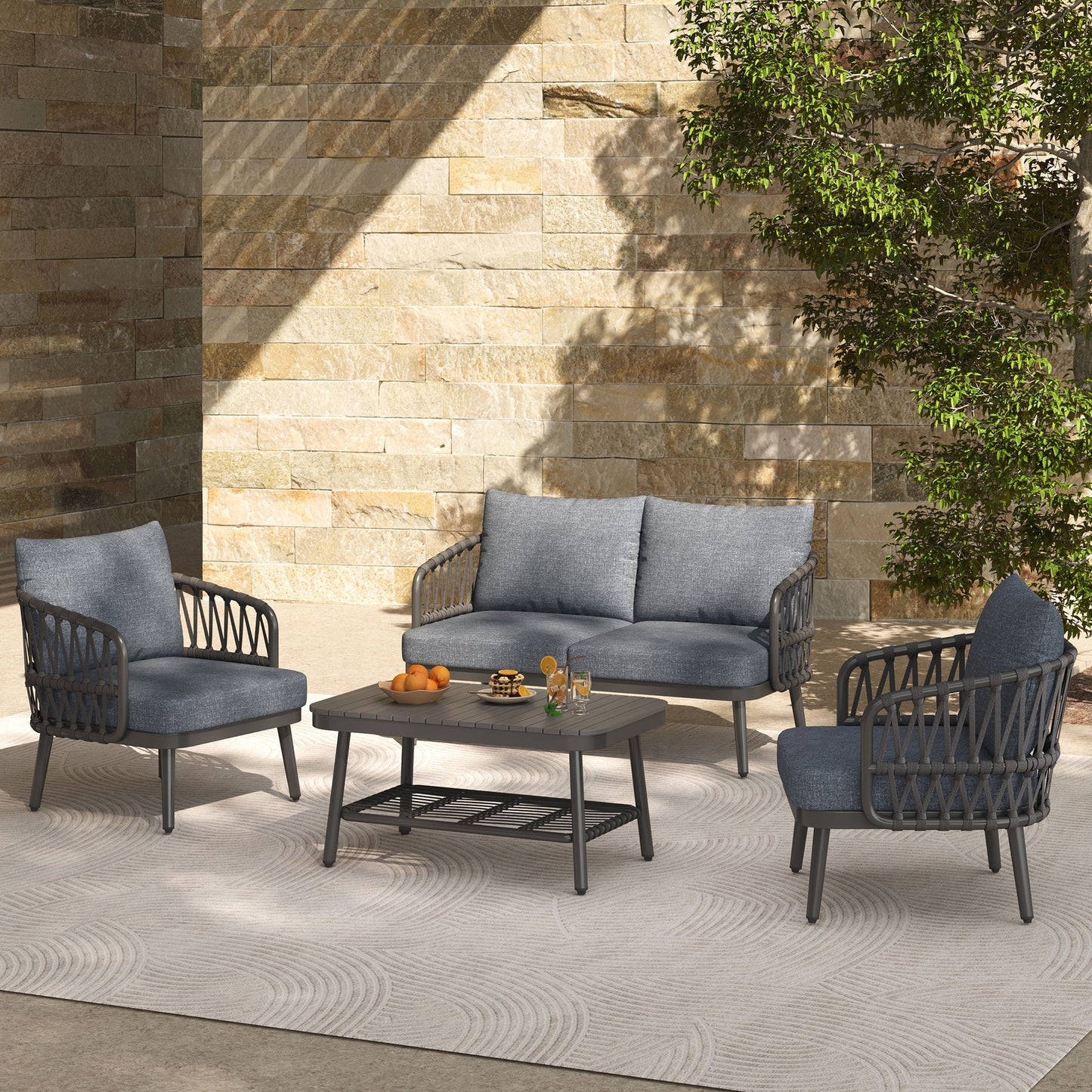 4 Piece Outdoor Patio Furniture Set, Metal Chairs With Woven Rope U Shaped Backrest