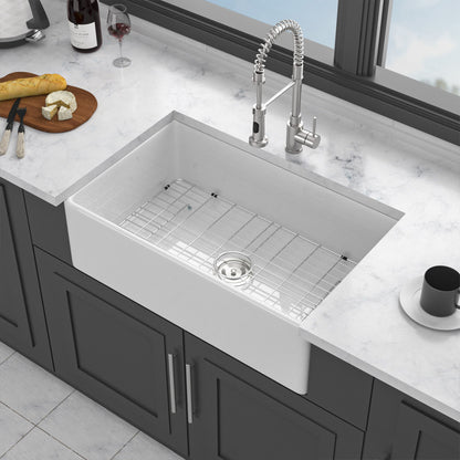 Ceramic Farmhouse Sink With Deep Basin And Stainless Steel Grid
