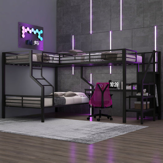 Twin Over Full L Shaped Bunk & Loft Bed With Built-In Wardrobe, Desk, And USB Ports - Black