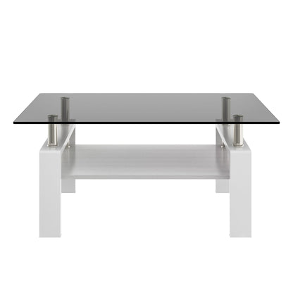 Modern Rectangular Coffee Table With Tempered Transparent Glass Top And Storage Shelf