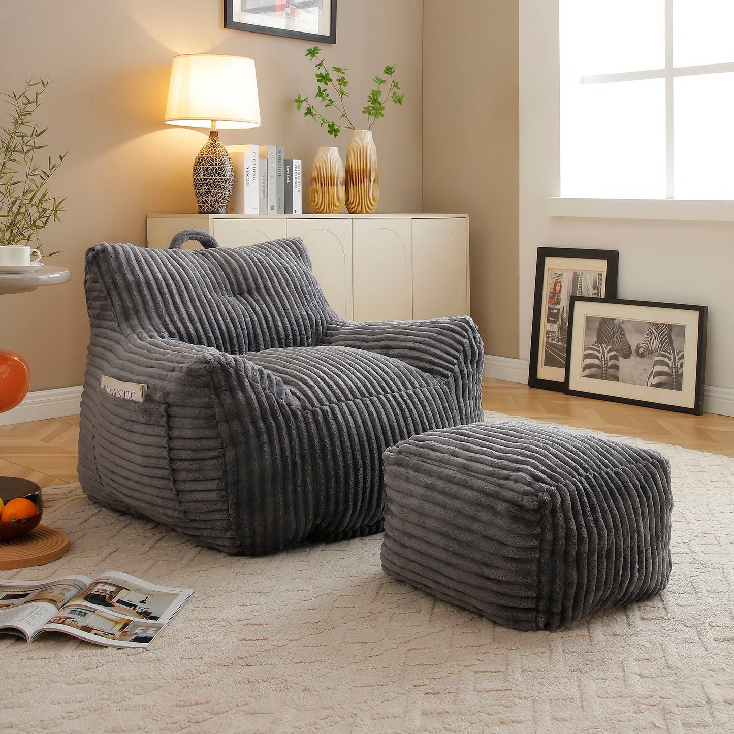 Giant Plush Bean Bag Chair With Armrests And Footstool