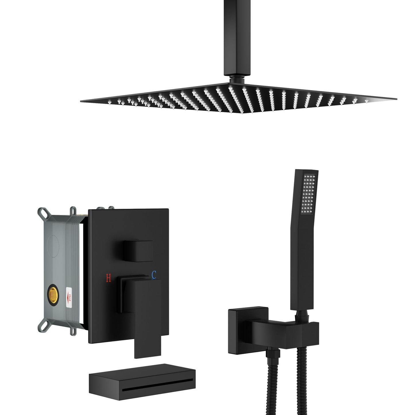 12" Ceiling Mount Shower System With Waterfall Tub Spout And Rough In Valve - Matte Black