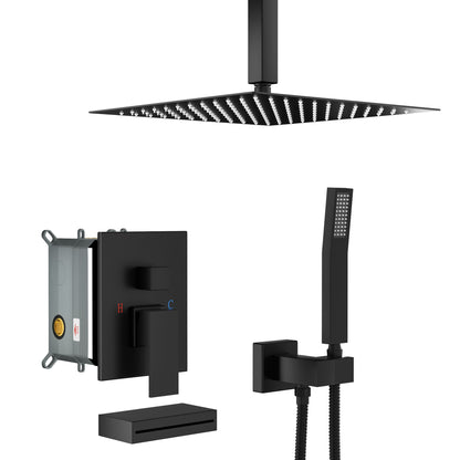 12" Ceiling Mount Shower System With Waterfall Tub Spout And Rough In Valve - Matte Black