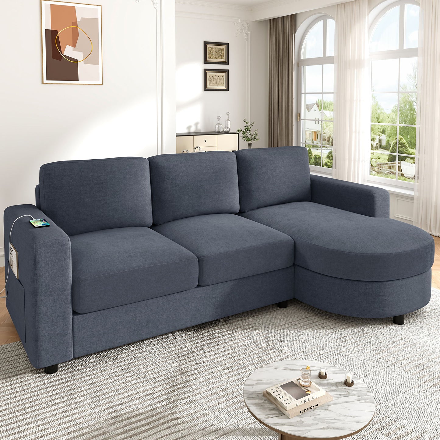 Modern L-Shaped Sectional Sofa With Curved Chaise, USB Ports, And Side Storage Pockets