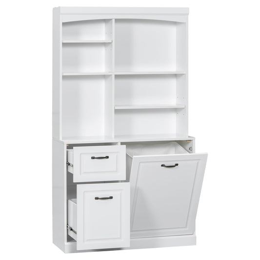 Bathroom Storage Cabinet With Tilt Out Hamper, Tall Free Standing Organizer With Drawers & Adjustable Shelves, Linen Tower With Steel Handles - White