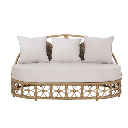 Outdoor Wicker Daybed With Pillows - Light Brown / Beige