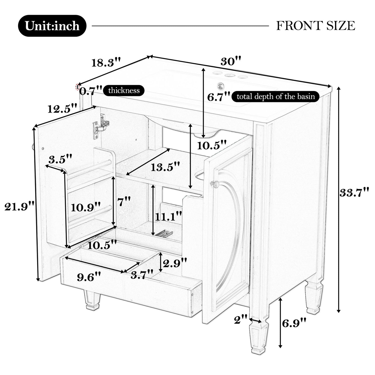 Bathroom Vanity With Sink With 2 Doors And Adjustable Shelf