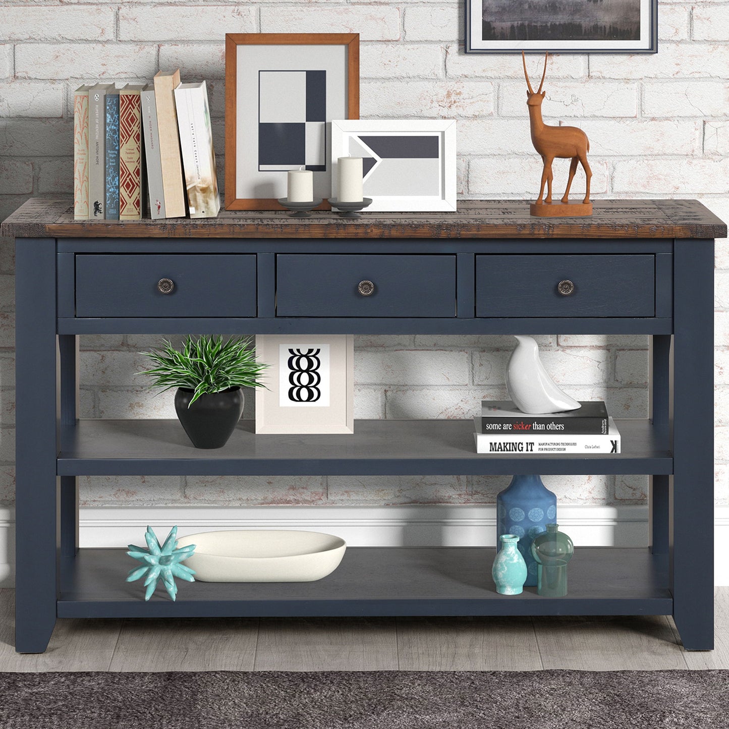 49'' Rectangular Solid 3 Drawer 2 Shelf Console Table - Blue