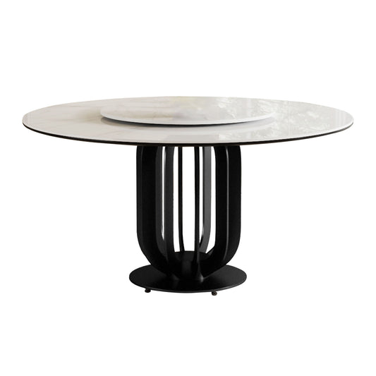 Round Dining Table With Carbon Steel Base And Lazy Susan / For Kitchen And Dining Room, 4 Chairs - Black / White