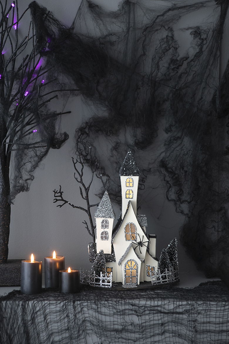 Cardboard Lighted Haunted House, Tabletop Holiday Halloween Decor, Battery Powered - Beige / Black