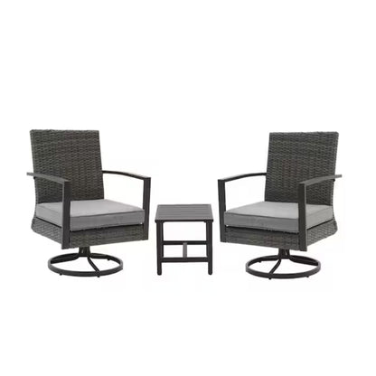 3 Piece Patio Furniture, Swivel Rocker Bistro Set With Side Table & Cushions For Porch - Gray