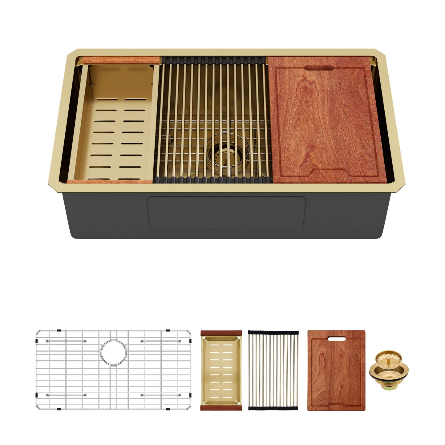 Gold Undermount Kitchen Sink 30" X 19" X 10" Stainless Steel 16 Gauge Deep Single Bowl With Workstation Ledges