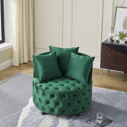 Modern Upholstered Swivel Chair With Button Tufted Design And Movable Wheels