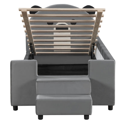 Upholstered Daybed With Bear Shaped Headboard, Hydraulic System And Breathable Mesh Fence