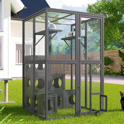 Outdoor Cat House With Shelves And Weather Protection, Removable Wood Boxes - Gray