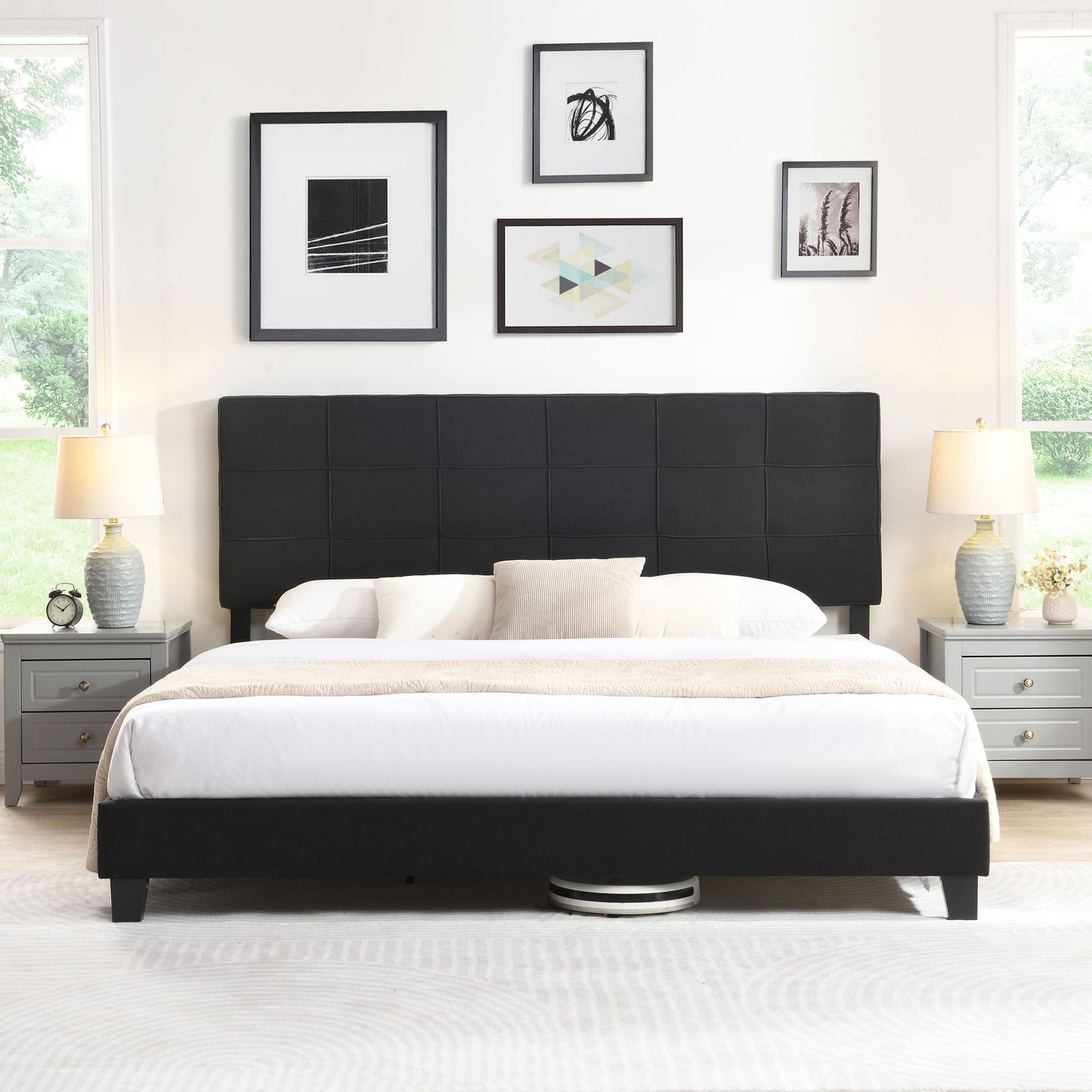King Size Upholstered Platform Bed Frame With Linen Fabric Headboard, Wood Slat Support - Black