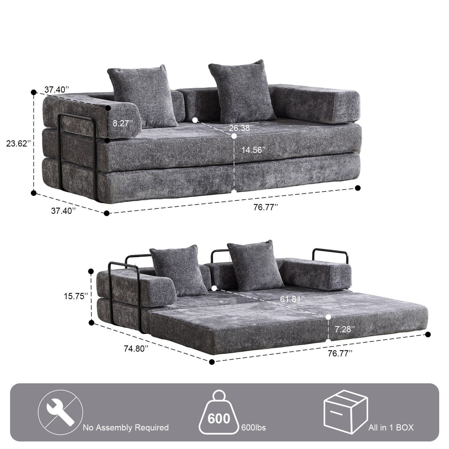 Convertible Floor Sofa Bed With Pillow Back Support Armrest
