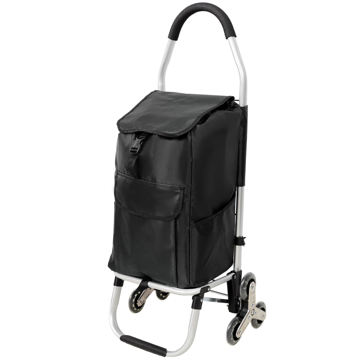 Foldable Shopping Stair Trolley With Triangular Wheels And Removable Waterproof Bag - Black