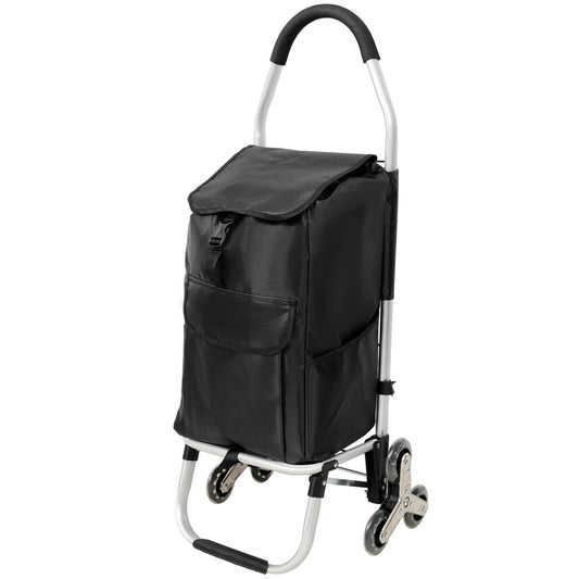 Foldable Shopping Stair Trolley With Triangular Wheels And Removable Waterproof Bag - Black