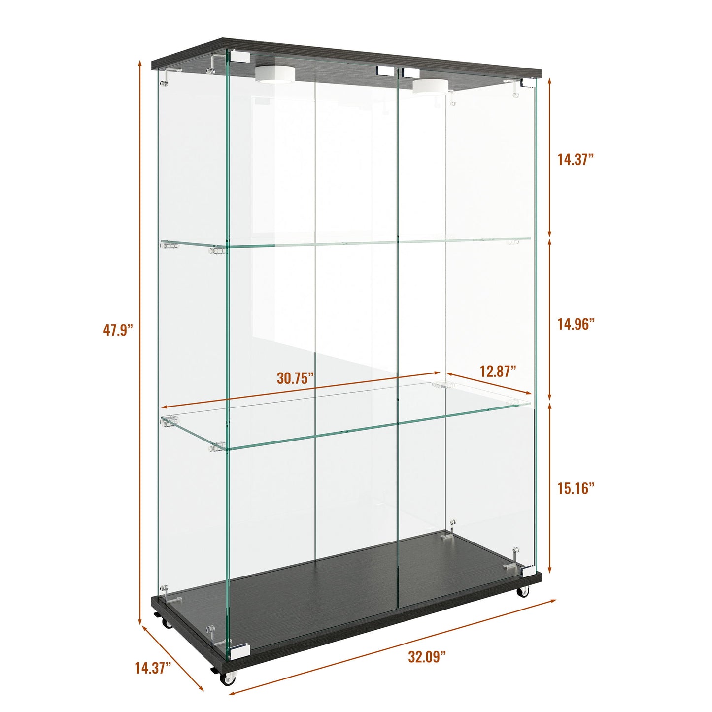Modern Display Cabinet With LED Lights, Transparent Tempered Glass 2 Door Storage Case With 3 Shelves