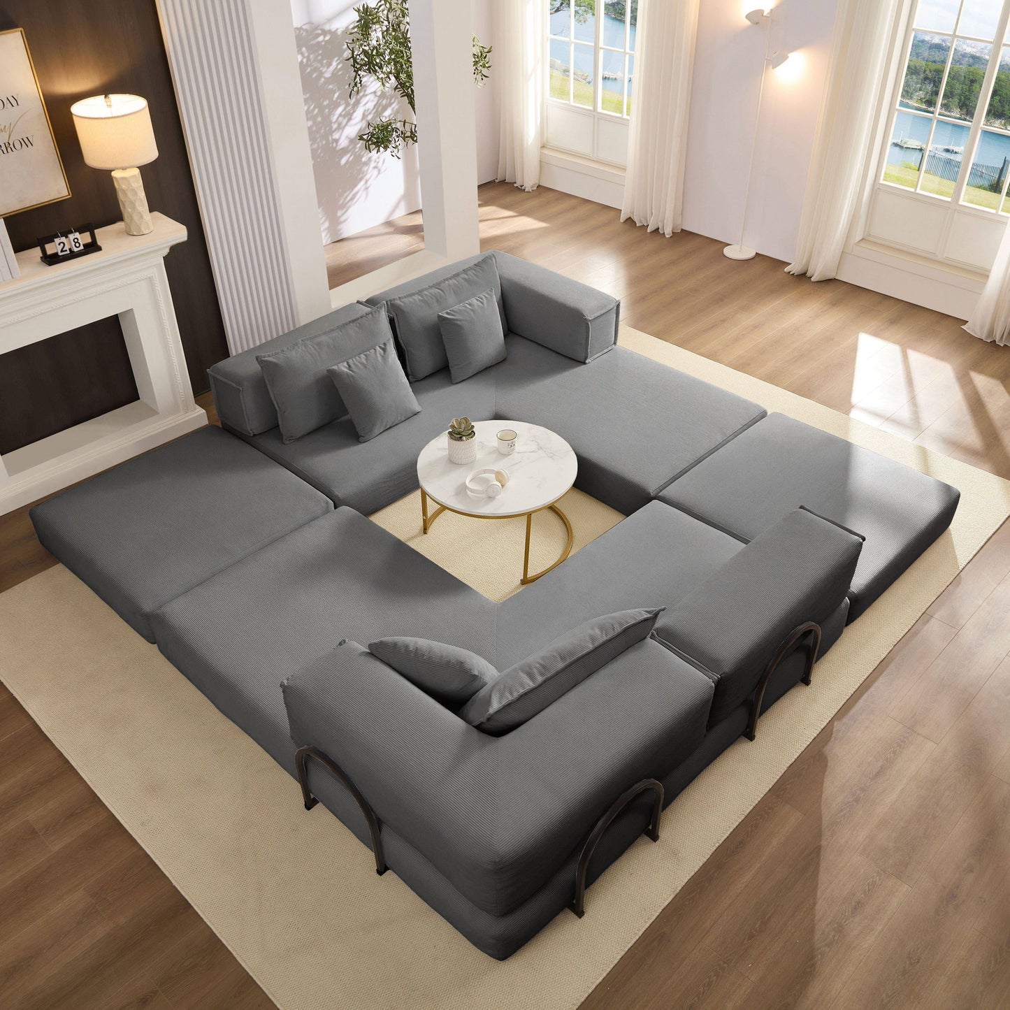 Modular L Shaped Floor Living Room Sofa Set With 6 Pillows
